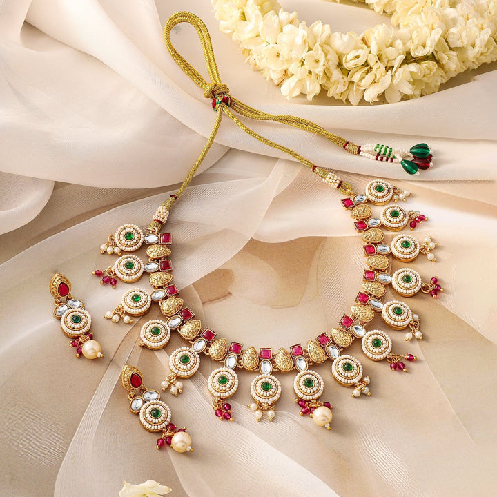 Rubans 22K Gold-Plated Ruby Pink, Emerald Green, Kundan & Pearl Bead Accents Necklace Set Necklace Set