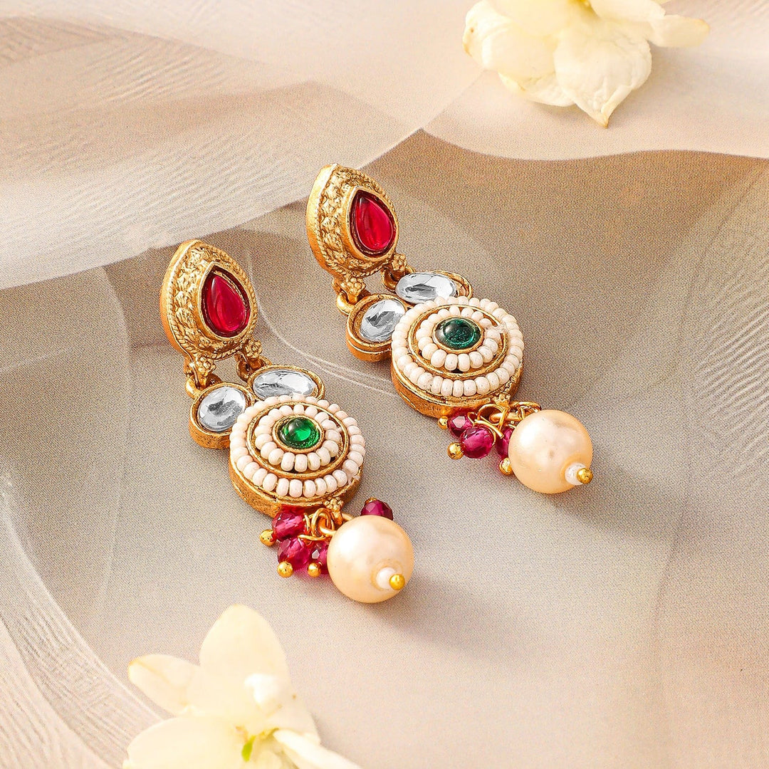 Rubans 22K Gold-Plated Ruby Pink, Emerald Green, Kundan & Pearl Bead Accents Necklace Set Necklace Set