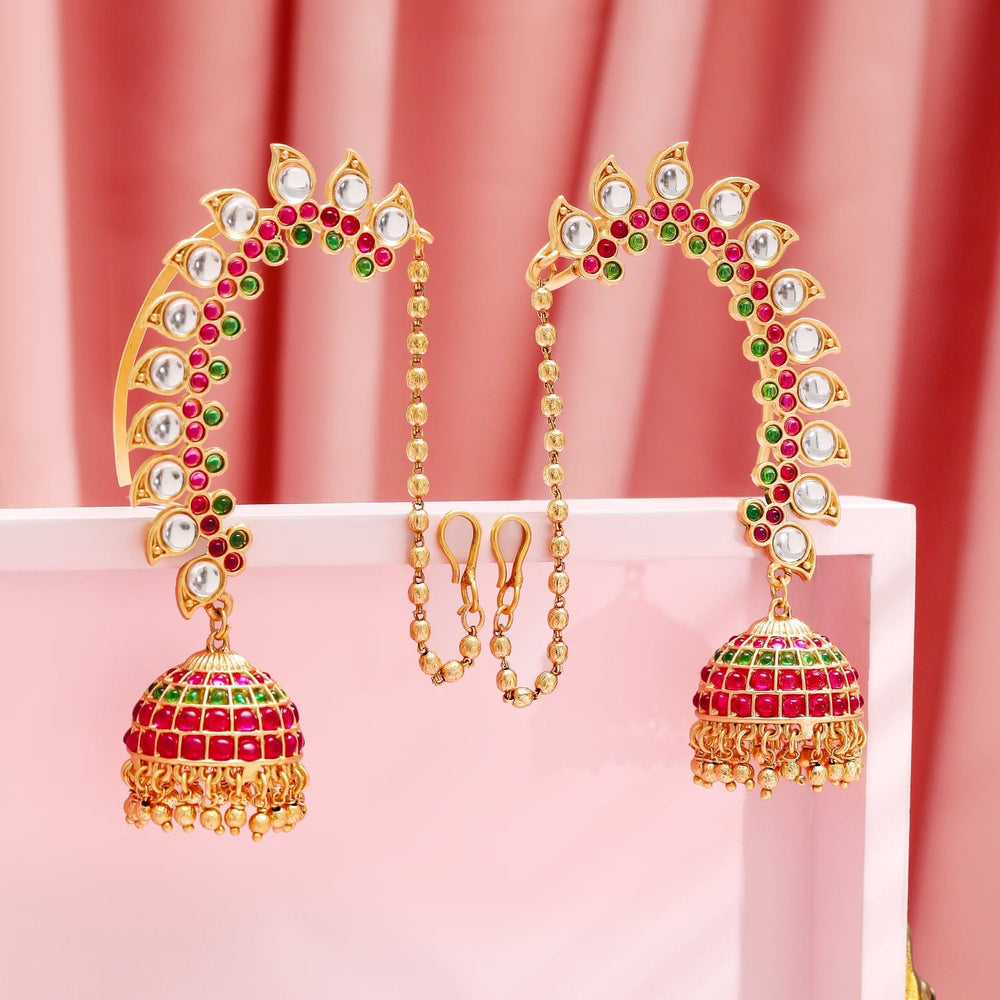 Rubans 22K Gold-Plated Ruby Pink & Emerald Green Kundan Studded Ear Chain Jhumka Earrings Jhumka Earrings