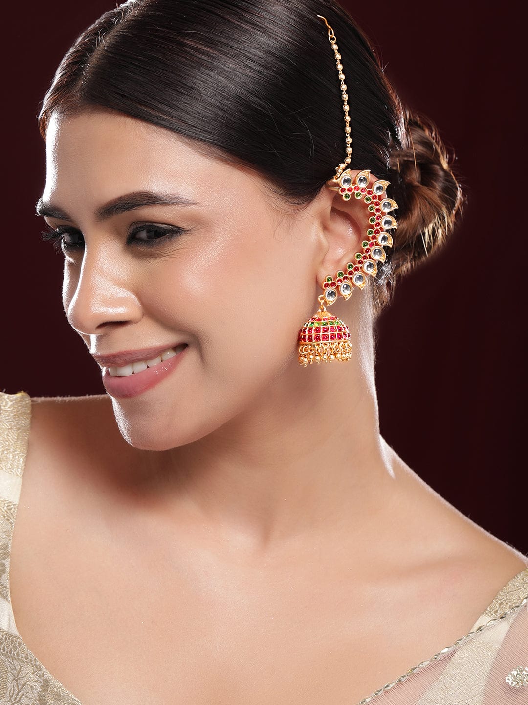 Rubans 22K Gold-Plated Ruby Pink & Emerald Green Kundan Studded Ear Chain Jhumka Earrings Jhumka Earrings