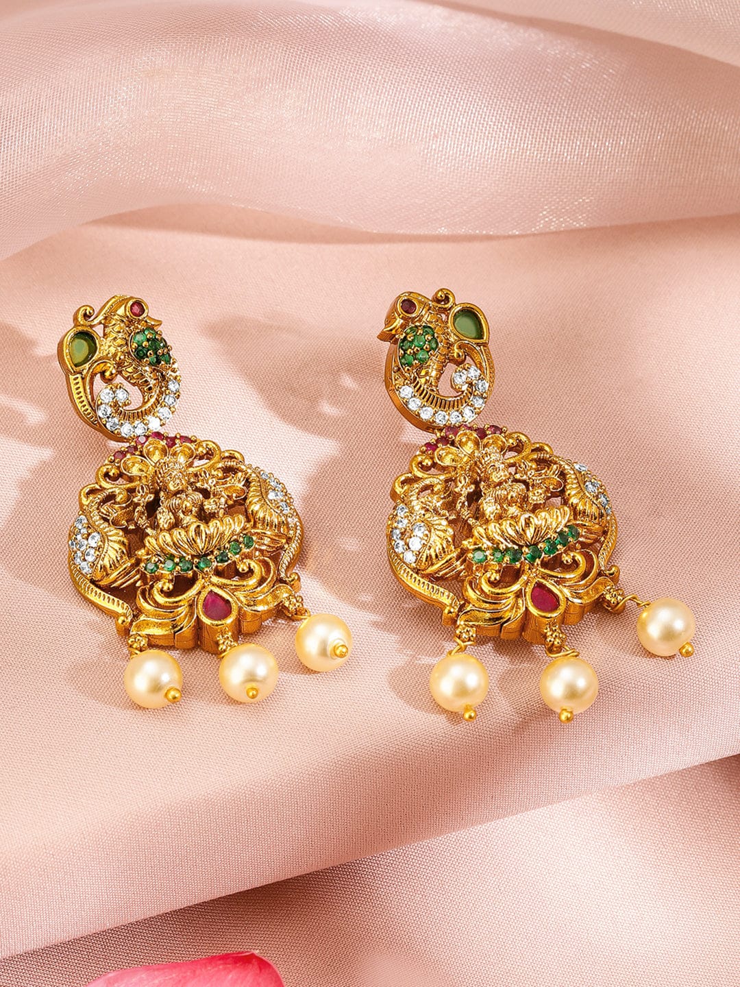 Rubans 22K Gold-Plated Ruby Pink Emerald Green & Pearl Beaded Cubic Zirconia Divine Lakshmi Temple Jewellery Set Jewellery Set