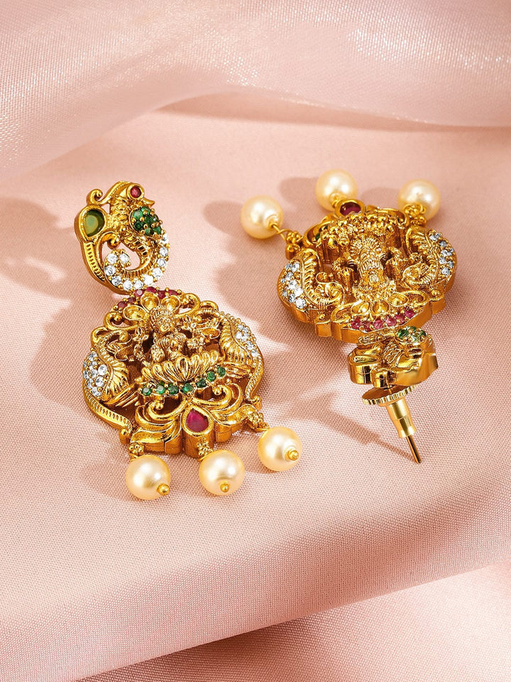 Rubans 22K Gold-Plated Ruby Pink Emerald Green & Pearl Beaded Cubic Zirconia Divine Lakshmi Temple Jewellery Set Jewellery Set
