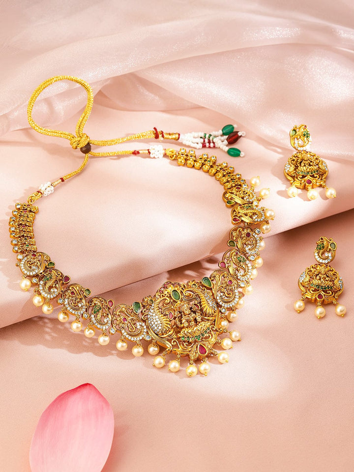 Rubans 22K Gold-Plated Ruby Pink Emerald Green & Pearl Beaded Cubic Zirconia Divine Lakshmi Temple Jewellery Set Jewellery Set