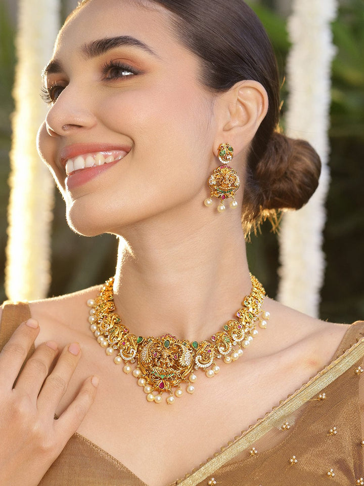 Rubans 22K Gold-Plated Ruby Pink Emerald Green & Pearl Beaded Cubic Zirconia Divine Lakshmi Temple Jewellery Set Necklace Set