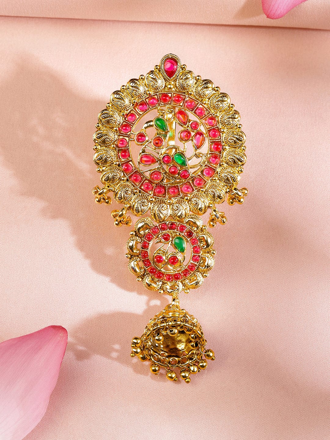 Rubans 22K Gold-Plated Ruby Pink & Emerald Green Stone Studded Braid Hair Accessory with Golden Beads Drop Head Jewellery