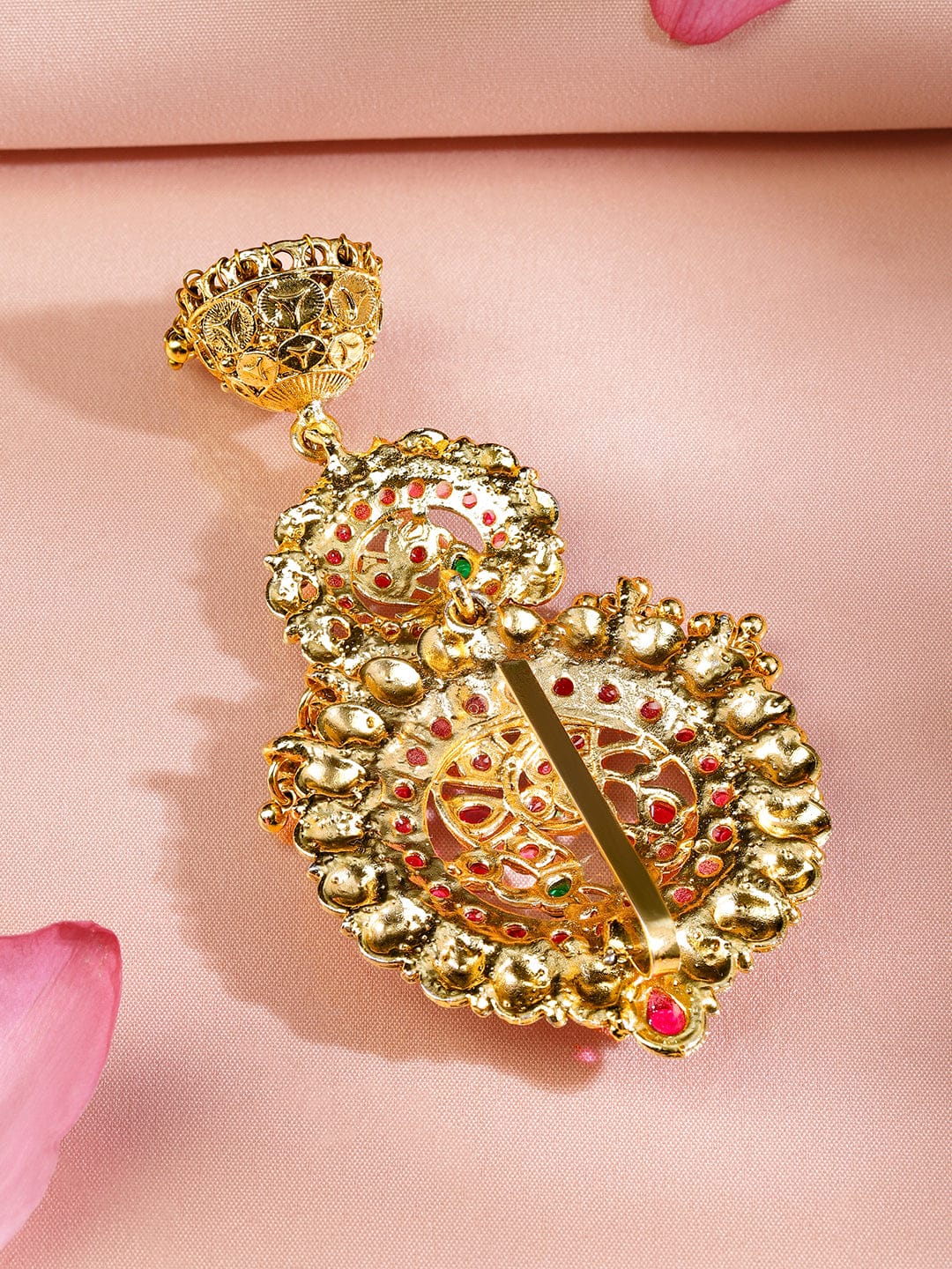 Rubans 22K Gold-Plated Ruby Pink & Emerald Green Stone Studded Braid Hair Accessory with Golden Beads Drop Head Jewellery