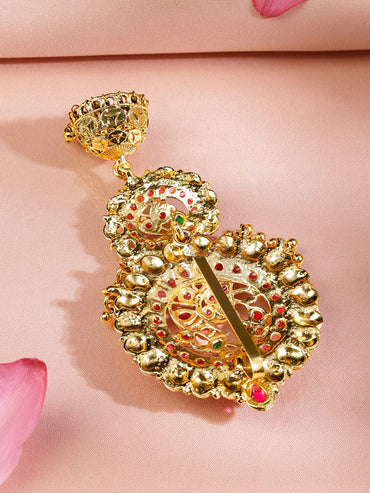 Rubans 22K Gold-Plated Ruby Pink & Emerald Green Stone Studded Braid Hair Accessory with Golden Beads Drop Head Jewellery