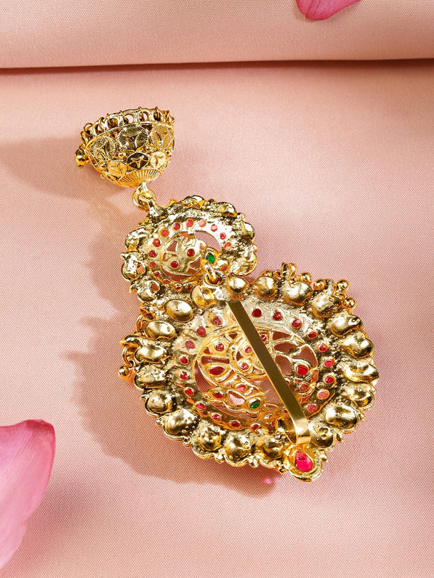 Rubans 22K Gold-Plated Ruby Pink & Emerald Green Stone Studded Braid Hair Accessory with Golden Beads Drop Head Jewellery