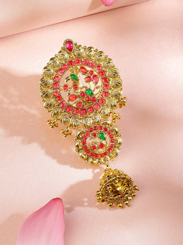 Rubans 22K Gold-Plated Ruby Pink & Emerald Green Stone Studded Braid Hair Accessory with Golden Beads Drop Head Jewellery