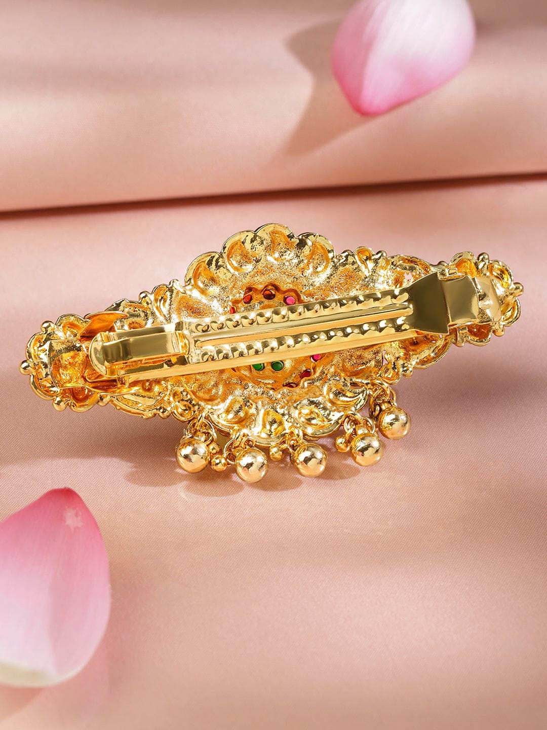 Rubans 22K Gold-Plated Ruby Pink & Emerald Green Stone Studded Floral Temple Hair Clip with Hanging Beads Head Jewellery