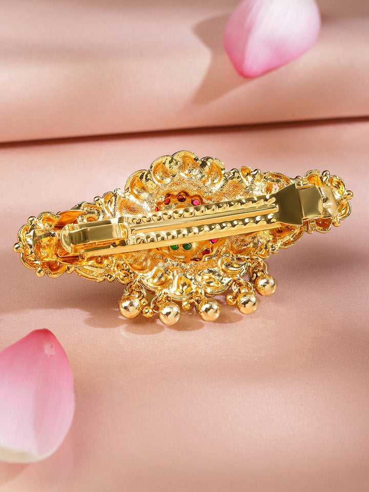 Rubans 22K Gold-Plated Ruby Pink & Emerald Green Stone Studded Floral Temple Hair Clip with Hanging Beads Head Jewellery