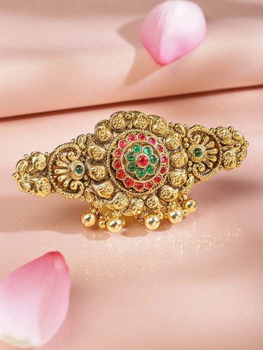 Rubans 22K Gold-Plated Ruby Pink & Emerald Green Stone Studded Floral Temple Hair Clip with Hanging Beads Head Jewellery