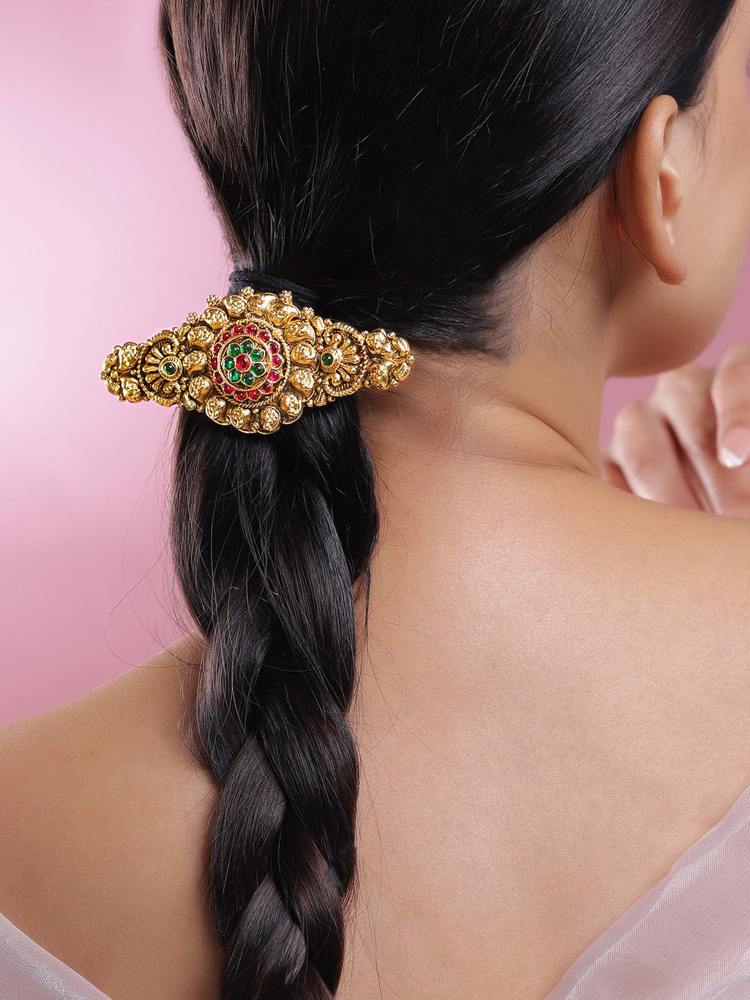 Rubans 22K Gold-Plated Ruby Pink & Emerald Green Stone Studded Floral Temple Hair Clip with Hanging Beads Head Jewellery