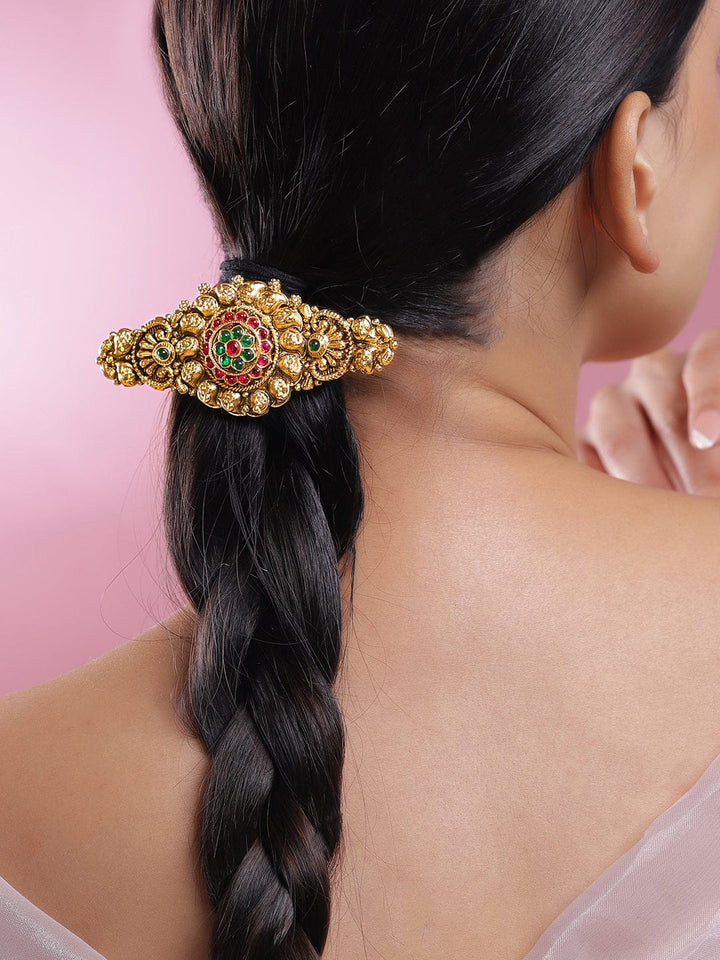 Rubans 22K Gold-Plated Ruby Pink & Emerald Green Stone Studded Floral Temple Hair Clip with Hanging Beads Head Jewellery
