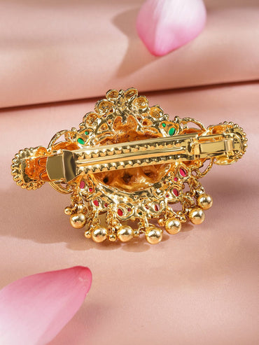 Rubans 22K Gold-Plated Ruby Pink & Emerald Green Stone Studded Goddess Lakshmi Temple Hair Clip with Hanging Beads Head Jewellery