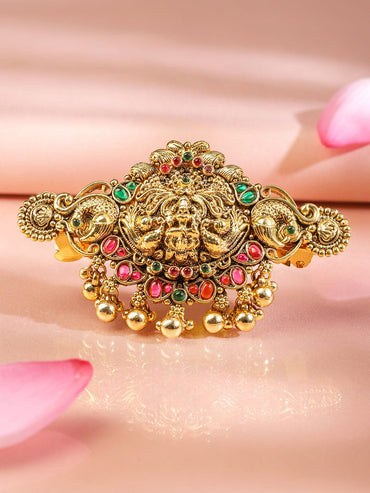 Rubans 22K Gold-Plated Ruby Pink & Emerald Green Stone Studded Goddess Lakshmi Temple Hair Clip with Hanging Beads Head Jewellery