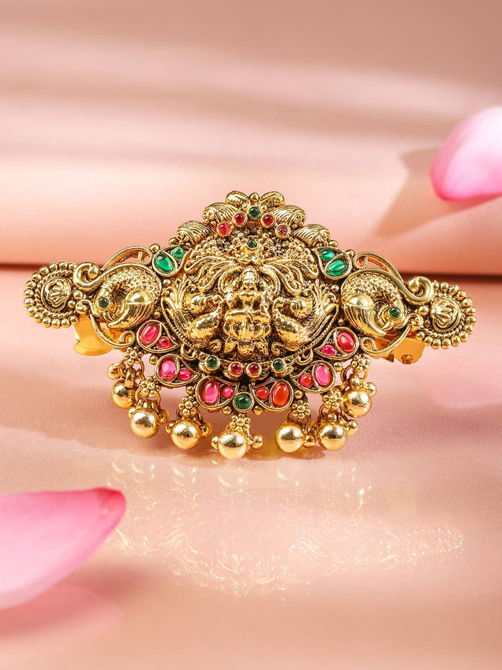 Rubans 22K Gold-Plated Ruby Pink & Emerald Green Stone Studded Goddess Lakshmi Temple Hair Clip with Hanging Beads Head Jewellery