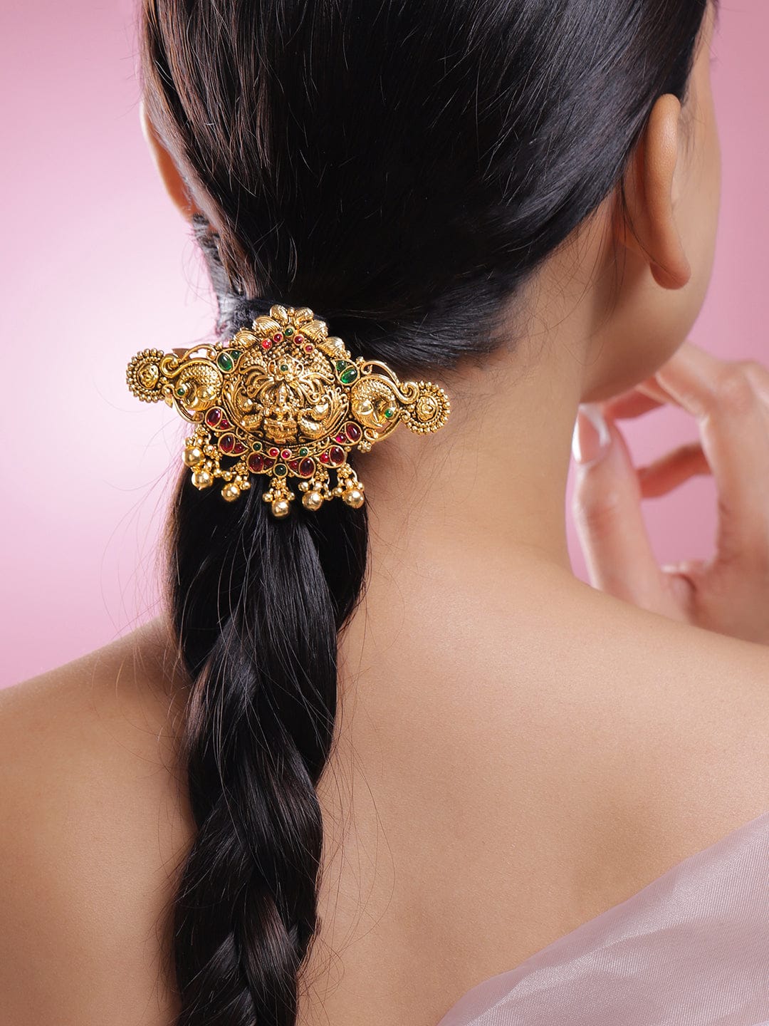 Rubans 22K Gold-Plated Ruby Pink & Emerald Green Stone Studded Goddess Lakshmi Temple Hair Clip with Hanging Beads Head Jewellery