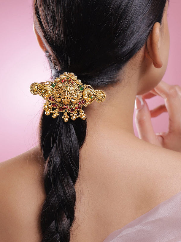 Rubans 22K Gold-Plated Ruby Pink & Emerald Green Stone Studded Goddess Lakshmi Temple Hair Clip with Hanging Beads Head Jewellery