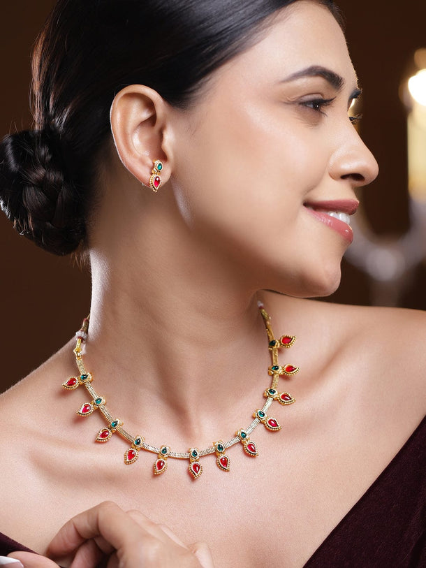 Rubans 22K Gold-Plated Ruby Pink & Emerald Green Stone-Studded Necklace Set with Drop Danglers Jewellery Set