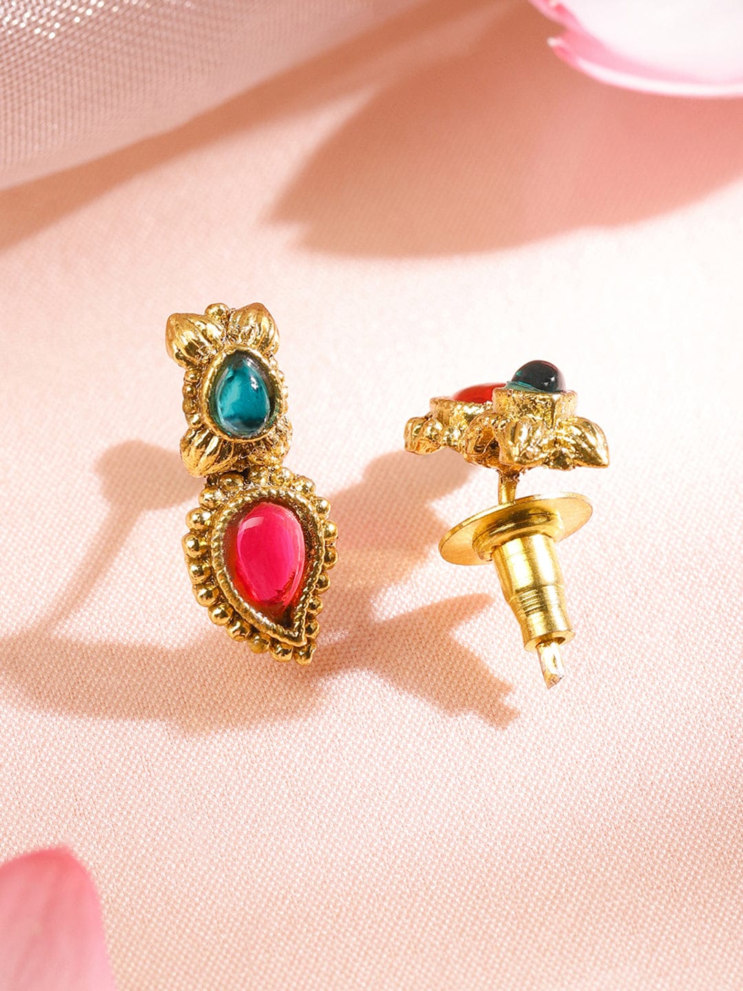 Rubans 22K Gold-Plated Ruby Pink & Emerald Green Stone-Studded Necklace Set with Drop Danglers Jewellery Set