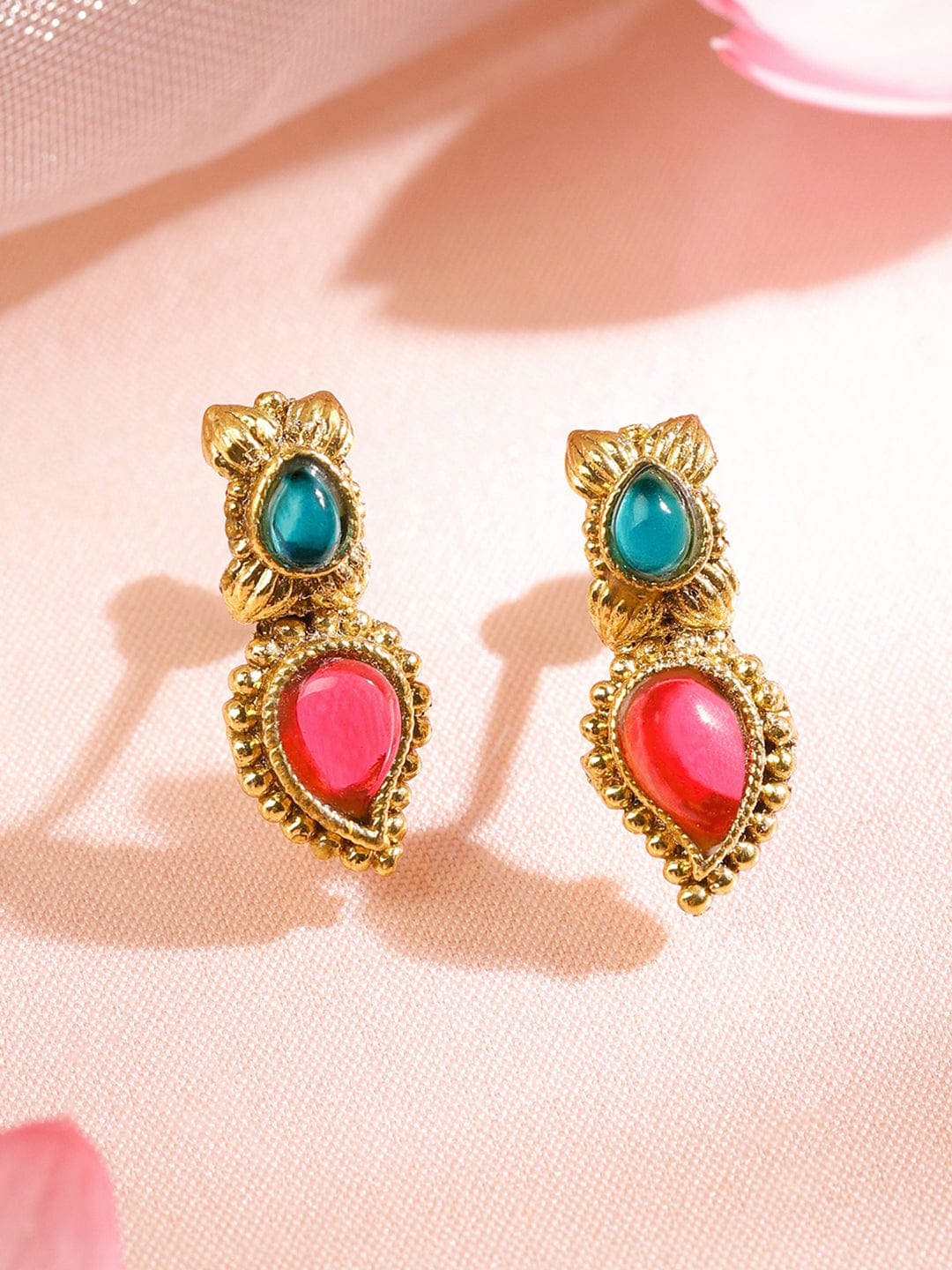 Rubans 22K Gold-Plated Ruby Pink & Emerald Green Stone-Studded Necklace Set with Drop Danglers Jewellery Set