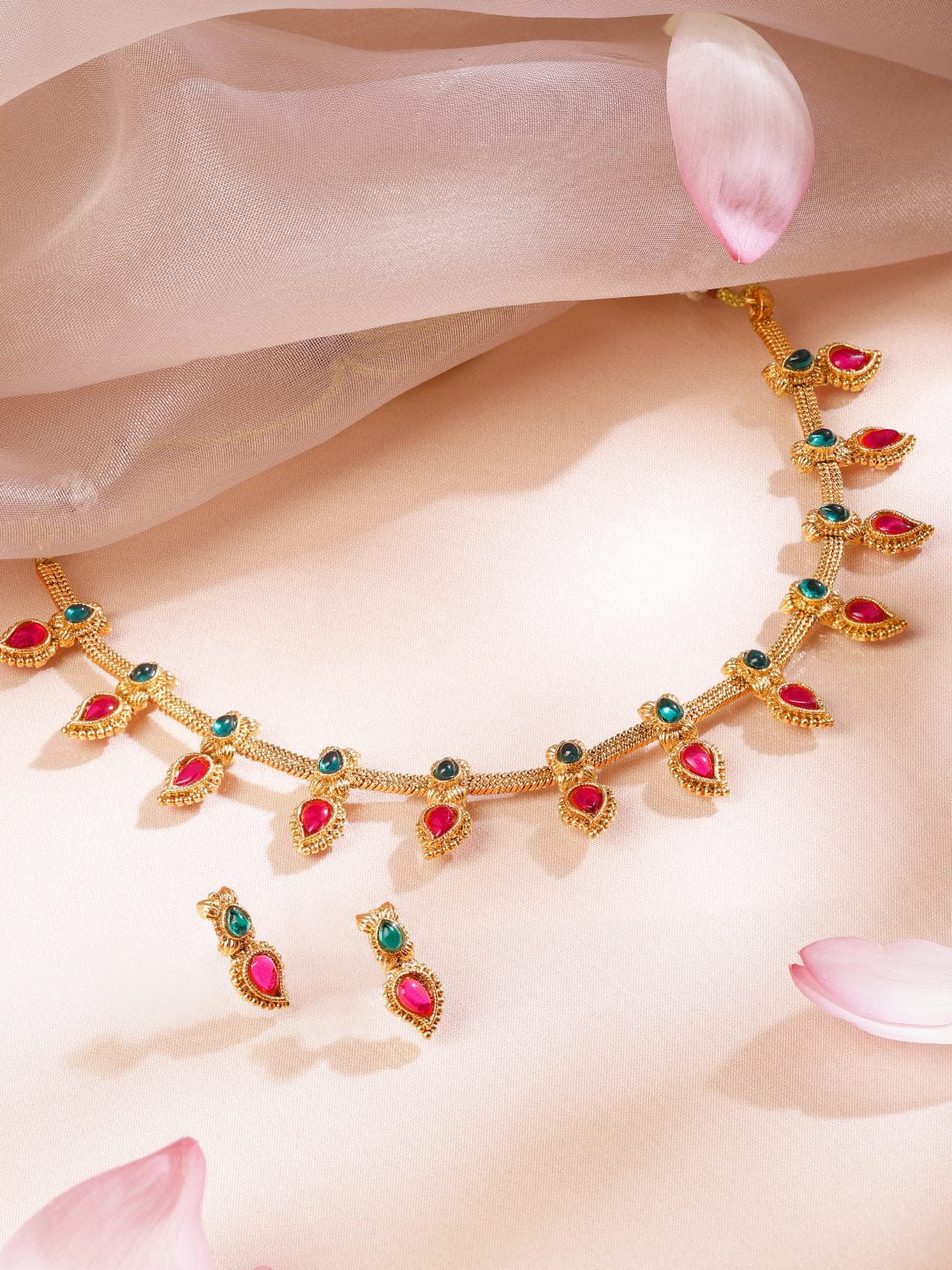 Rubans 22K Gold-Plated Ruby Pink & Emerald Green Stone-Studded Necklace Set with Drop Danglers Necklace Set