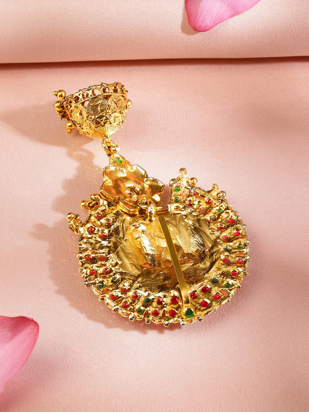 Rubans 22K Gold-Plated Ruby Pink & Emerald Green Stone Studded Ram Darbar Temple Braid Hair Accessory with Jhumka Drop Head Jewellery