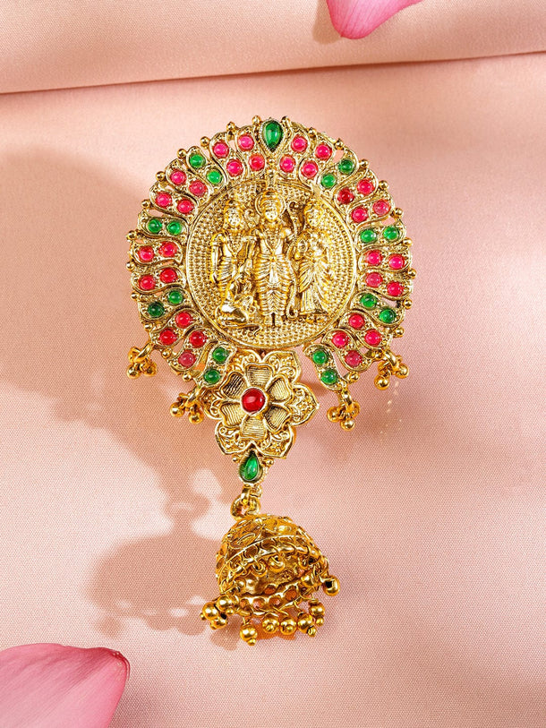Rubans 22K Gold-Plated Ruby Pink & Emerald Green Stone Studded Ram Darbar Temple Braid Hair Accessory with Jhumka Drop Head Jewellery
