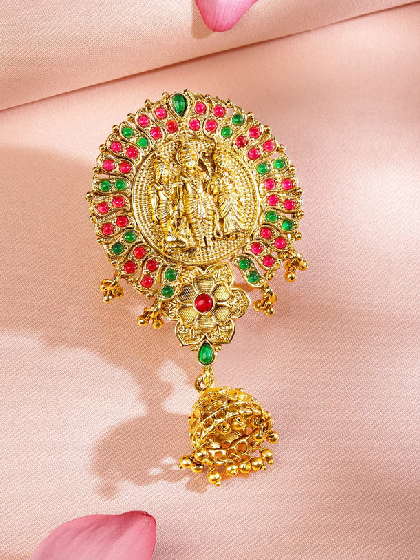 Rubans 22K Gold-Plated Ruby Pink & Emerald Green Stone Studded Ram Darbar Temple Braid Hair Accessory with Jhumka Drop Head Jewellery