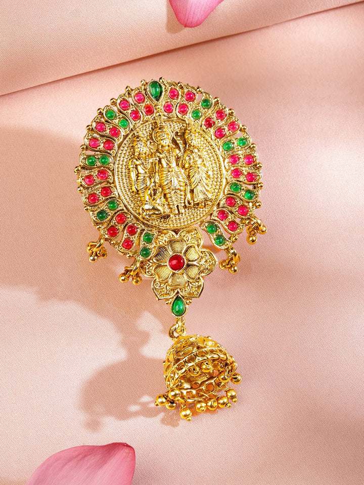 Rubans 22K Gold-Plated Ruby Pink & Emerald Green Stone Studded Ram Darbar Temple Braid Hair Accessory with Jhumka Drop Head Jewellery