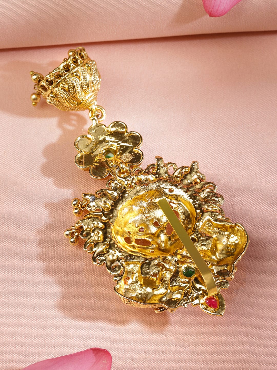 Rubans 22K Gold-Plated Ruby Pink & Emerald Green Stone Studded Temple Braid Hair Accessory with Divine Motif & Jhumka Drop Head Jewellery