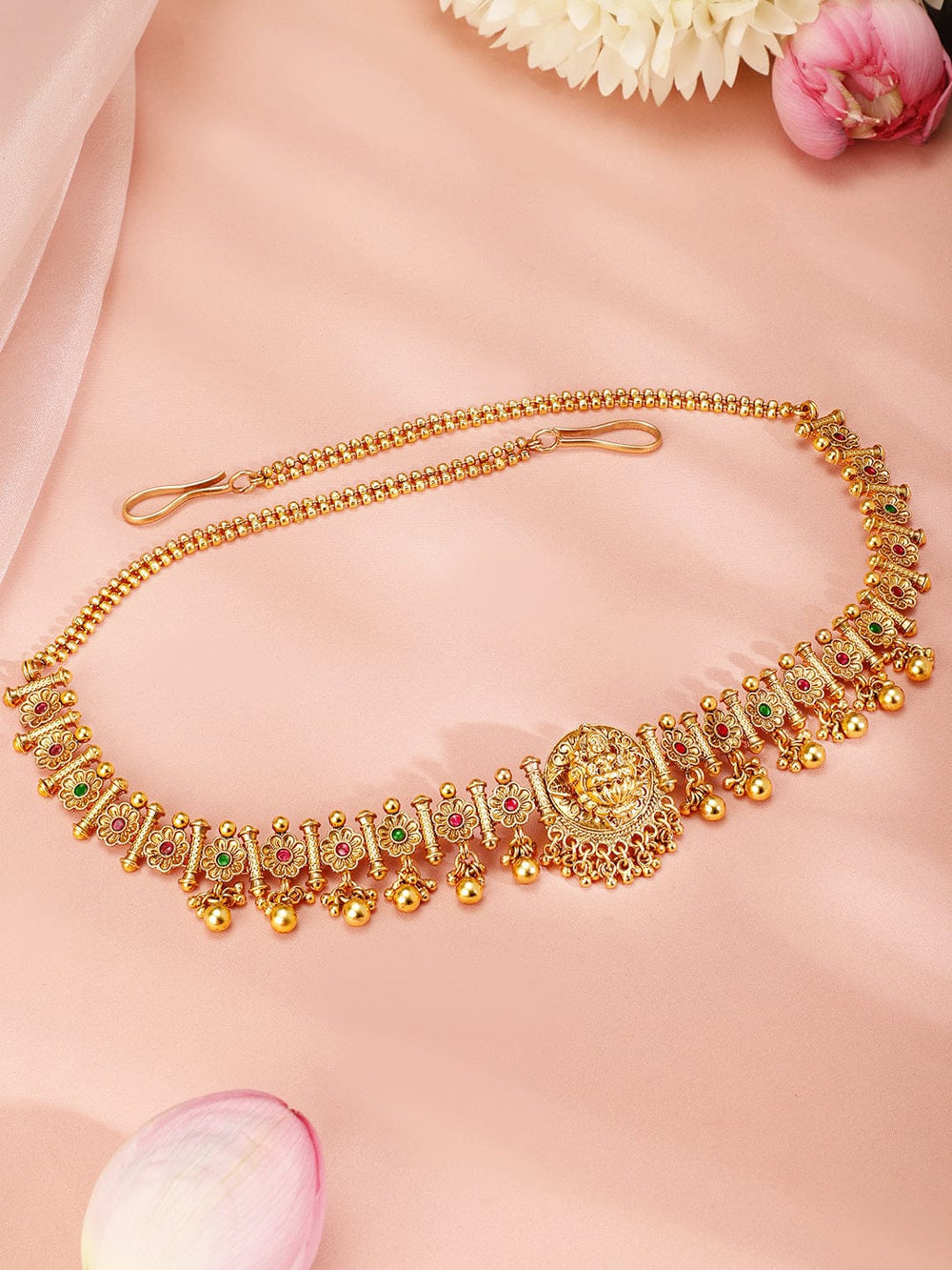 Rubans 22k Gold-Plated Ruby Pink, Emerald Green Stone Studed Handcrafted Temple Kamarbandh Saree Accessories