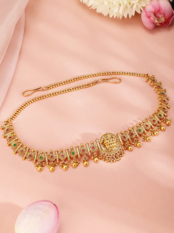 Rubans 22k Gold-Plated Ruby Pink, Emerald Green Stone Studed Handcrafted Temple Kamarbandh Saree Accessories