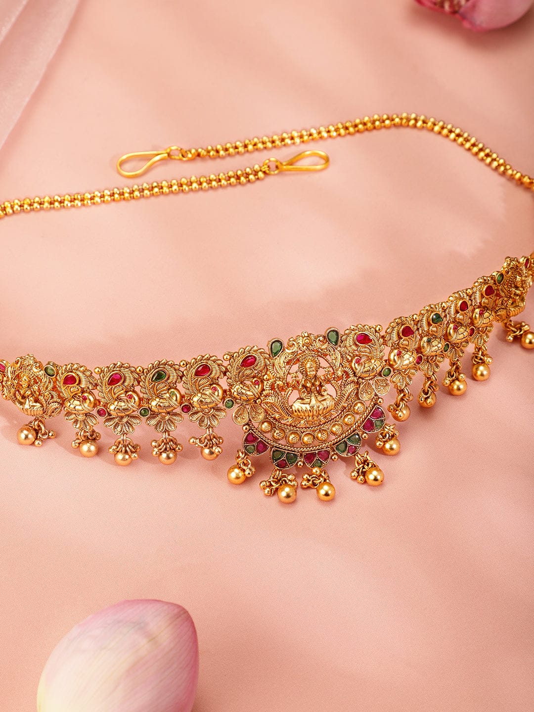 Rubans 22k Gold-Plated Ruby Pink, Emerald Green Stone Studed Handcrafted Temple Kamarbandh Saree Accessories