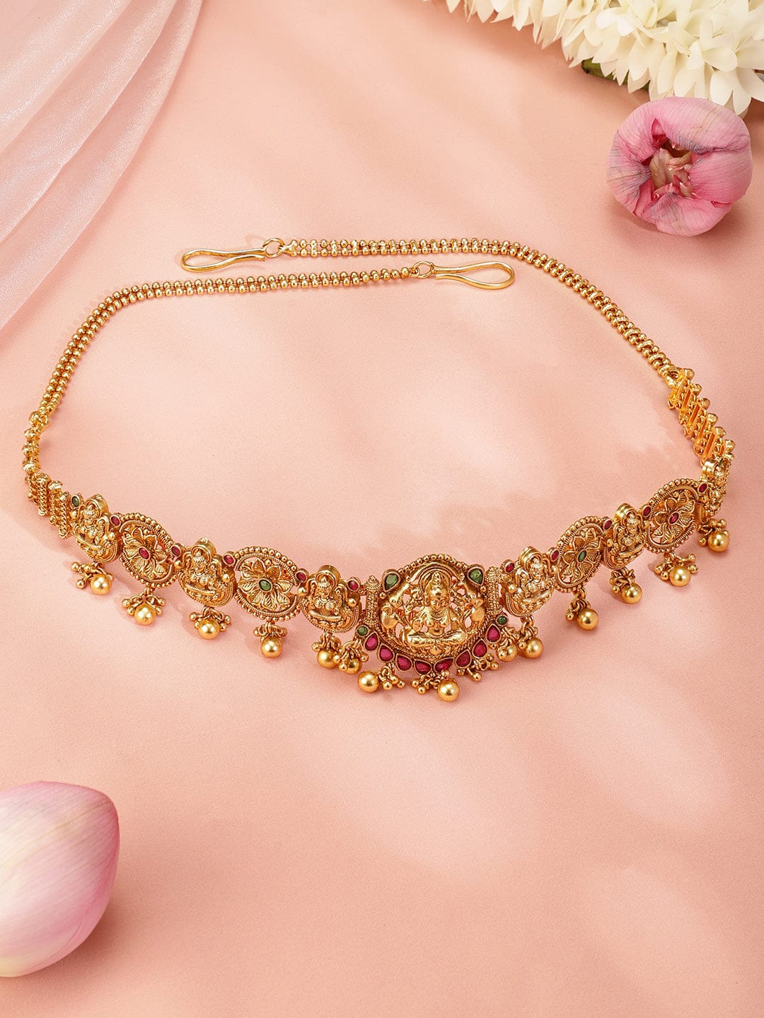 Rubans 22k Gold-Plated Ruby Pink, Emerald Green Stone Studed Handcrafted Temple Kamarbandh Saree Accessories