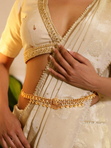 Rubans 22k Gold-Plated Ruby Pink, Emerald Green Stone Studed Handcrafted Temple Kamarbandh Saree Accessories