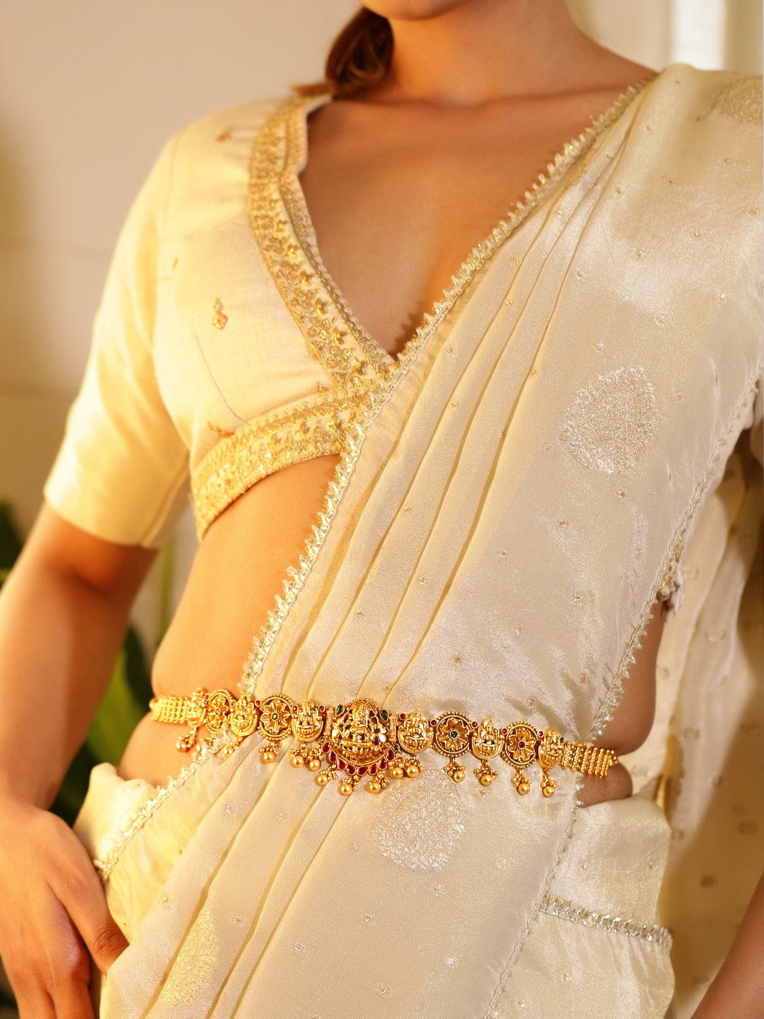 Rubans 22k Gold-Plated Ruby Pink, Emerald Green Stone Studed Handcrafted Temple Kamarbandh Saree Accessories