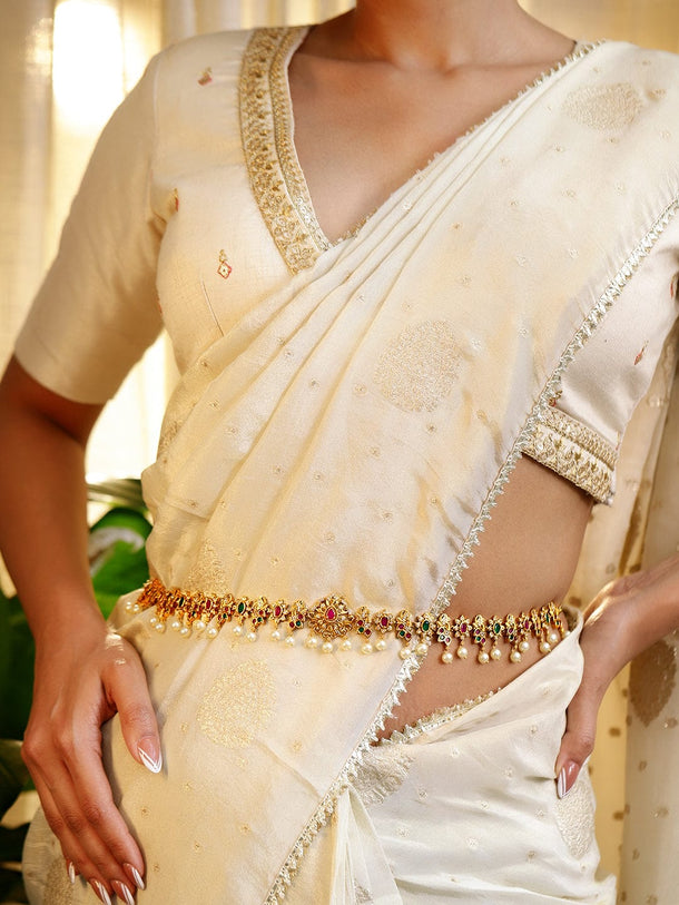 Rubans 22K Gold-Plated Ruby Pink Emerald Green & White Cubic Zirconia Studded Pearl Beaded Floral Traditional Kamarbandh Saree Accessories