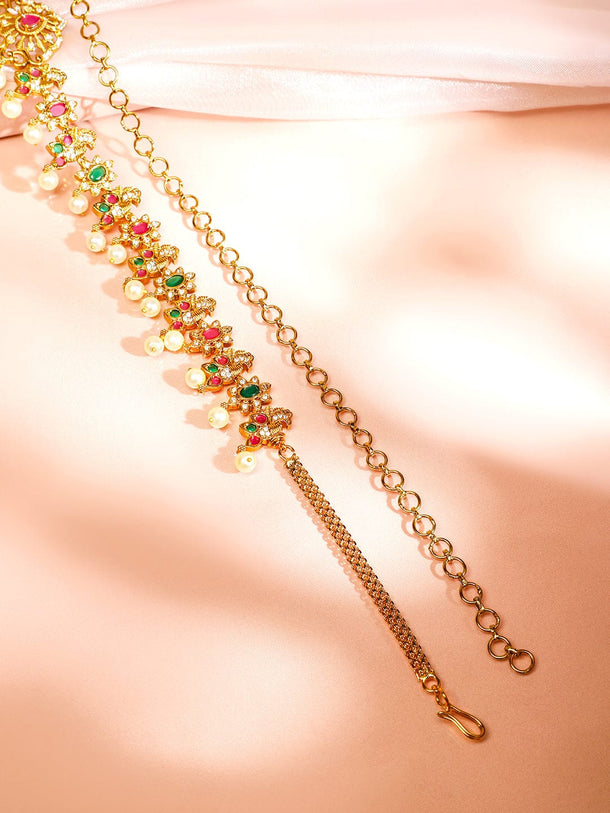 Rubans 22K Gold-Plated Ruby Pink Emerald Green & White Cubic Zirconia Studded Pearl Beaded Floral Traditional Kamarbandh Saree Accessories