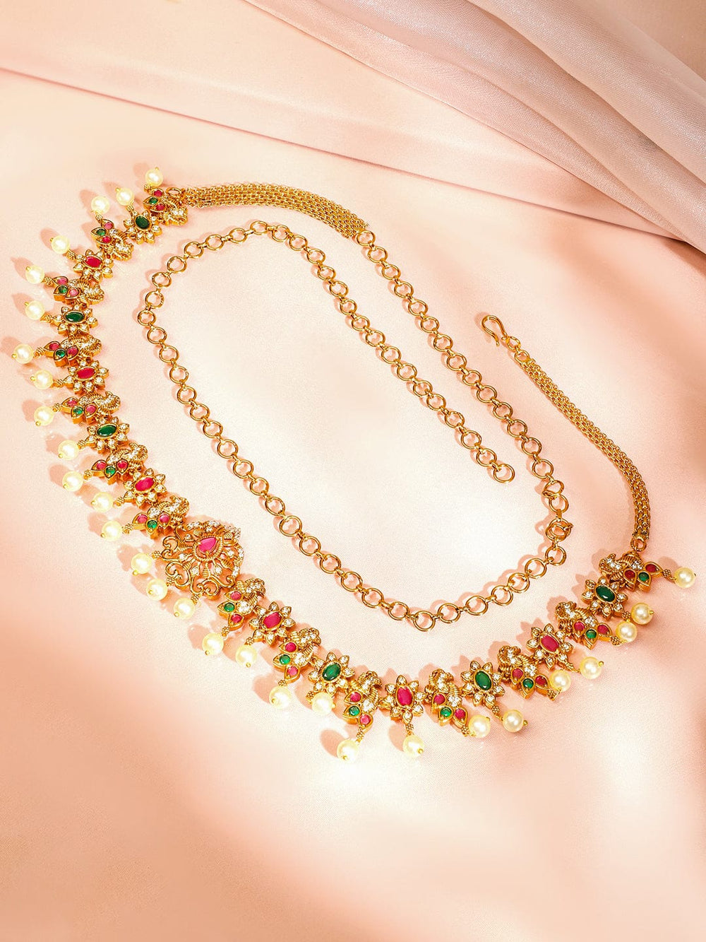 Rubans 22K Gold-Plated Ruby Pink Emerald Green & White Cubic Zirconia Studded Pearl Beaded Floral Traditional Kamarbandh Saree Accessories