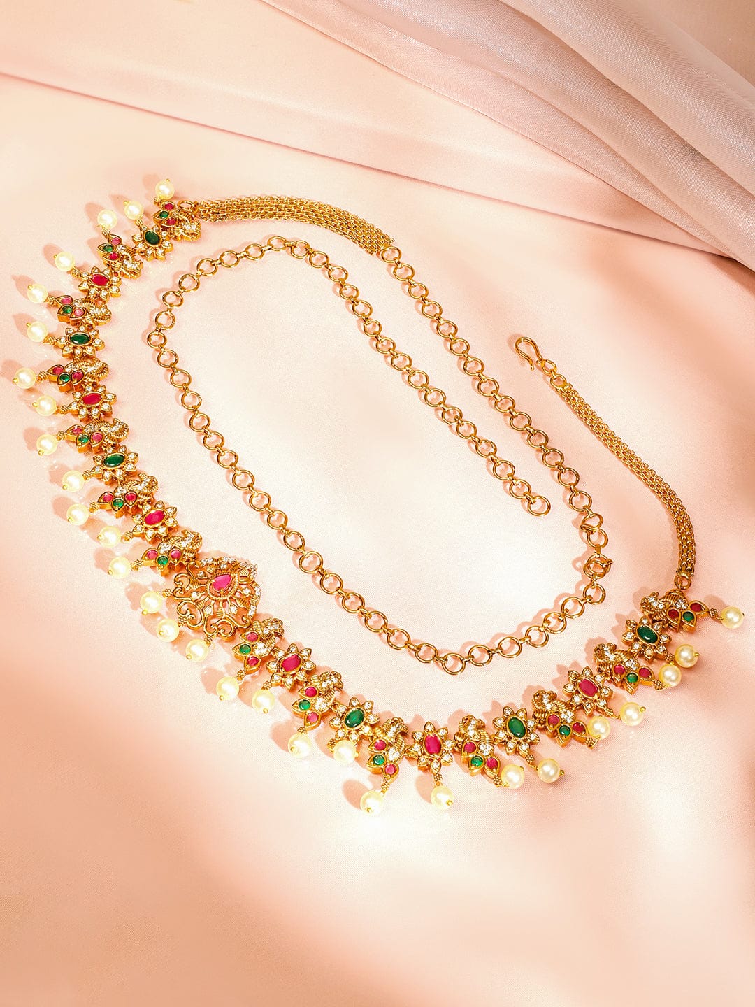 Rubans 22K Gold-Plated Ruby Pink Emerald Green & White Cubic Zirconia Studded Pearl Beaded Floral Traditional Kamarbandh Saree Accessories