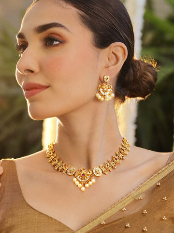 Rubans 22K Gold-Plated Ruby Pink Emerald Green & White Cubic Zirconia Studded Pearl Beaded Temple Jewellery Set Necklace Set