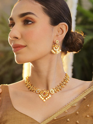 Rubans 22K Gold-Plated Ruby Pink Emerald Green & White Cubic Zirconia Studded Pearl Beaded Temple Jewellery Set Necklace Set