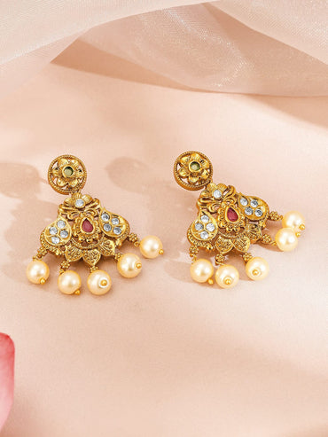 Rubans 22K Gold-Plated Ruby Pink Emerald Green & White Cubic Zirconia Studded Pearl Beaded Traditional Temple Jewellery Set Jewellery Set