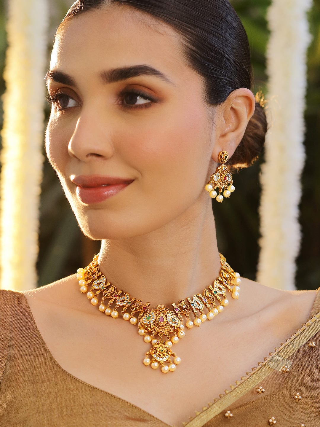 Rubans 22K Gold-Plated Ruby Pink Emerald Green & White Cubic Zirconia Studded Pearl Beaded Traditional Temple Jewellery Set Necklace Set