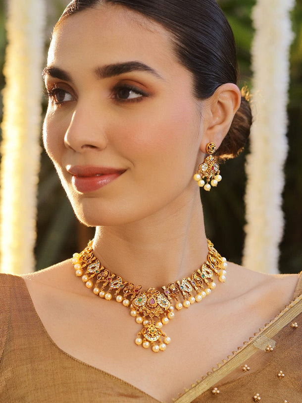 Rubans 22K Gold-Plated Ruby Pink Emerald Green & White Cubic Zirconia Studded Pearl Beaded Traditional Temple Jewellery Set Necklace Set