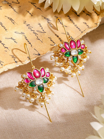 Rubans 22K Gold-Plated Ruby Pink, Emerald Green & White Kundan Studded Lotus Design Handcrafted Ear Cuff with Pearl Beads for Women Ear Cuff Earrings