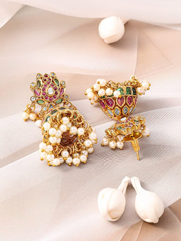 Rubans 22K Gold-Plated Ruby Pink, Emerald Green & White Kundan Studded Pearl Gold Beaded Necklace Set Jewellery Set