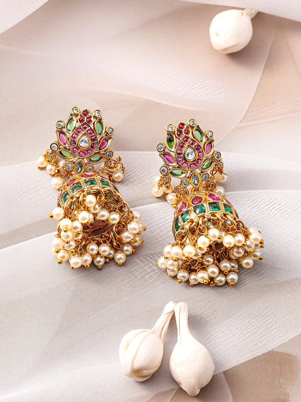 Rubans 22K Gold-Plated Ruby Pink, Emerald Green & White Kundan Studded Pearl Gold Beaded Necklace Set Jewellery Set